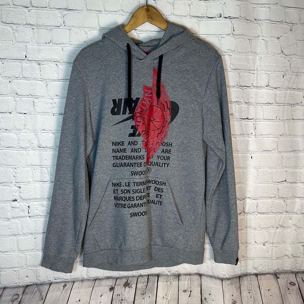 Nike Air Jordan Wings Swoosh Gray Pullover Hoodie Hooded Sweatshirt Mens Small S